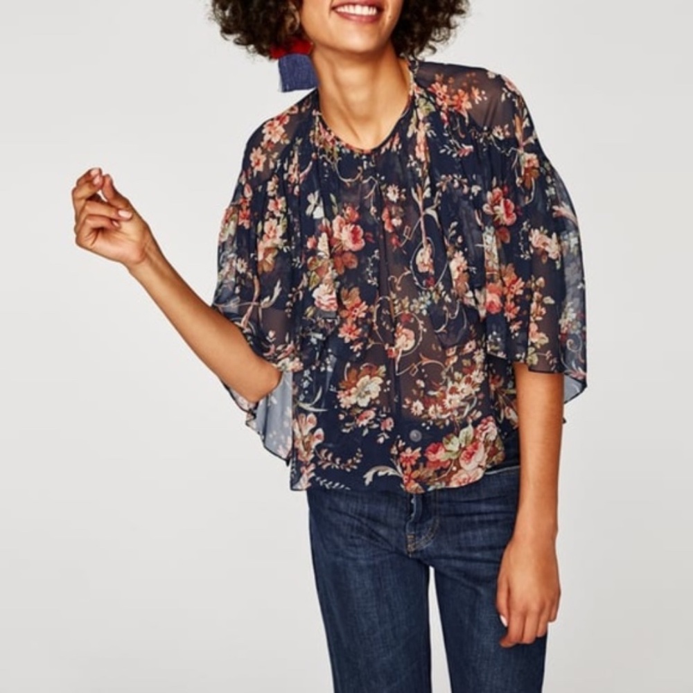 Zara navy floral semi-sheer cape blouse XS
